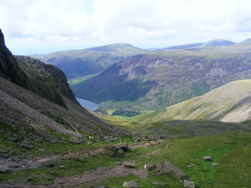 Looking down into Hollow Stones from the bottom of the climb down from Mickledoor, with the valley of Lingmell Gill leading down to Wasdale Head.