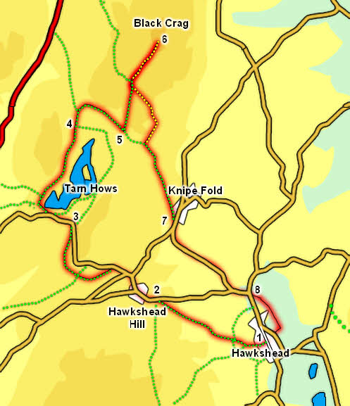 Map: Black Crag from Hawkshead 